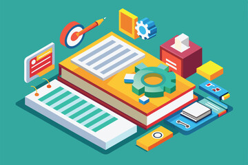 Poster - isometric illustration of a colorful, customizable instruction manual, instruction manual customizab