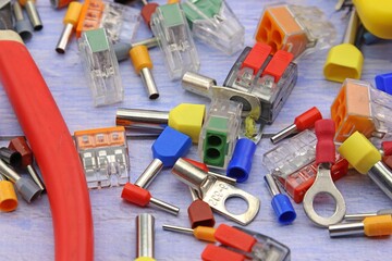 Poster - Materials for electrical installation work during the assembly of electrical equipment. Close-up. Soft focus.