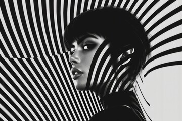Poster - A black and white photo of a woman holding an umbrella, standing in a rainy day