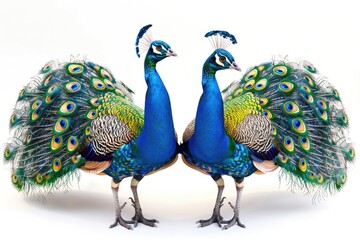 Poster - Two majestic peacocks stand side by side, showcasing their vibrant plumage and impressive courtship displays