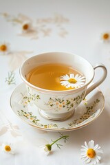 Poster - A steaming hot cup of tea accompanied by fresh daisies on a saucer