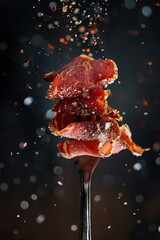 Wall Mural - Slices of bacon with spices on Fork with Flaming Sparks