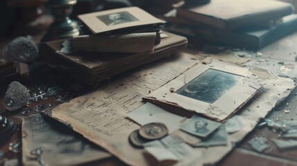 Poster - Table covered with stacks of old papers, ideal for academic or research purposes