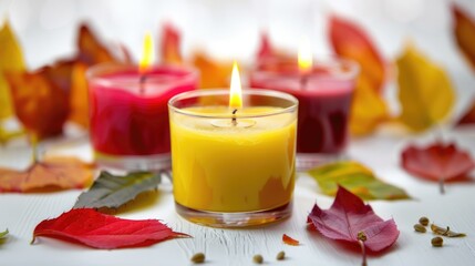 Poster - A group of candles siting on top of a wooden table, casting a warm glow