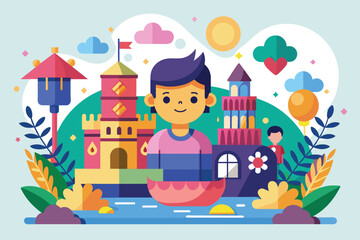 Poster - Illustration of a happy boy sitting in a boat with colorful buildings, clouds, and plants in the background, Invite Customizable Flat Illustration