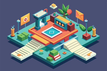 Sticker - Isometric illustration featuring a customizable invitation with decorative elements, Invite Customizable Isometric Illustration