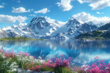 Aufkleber - A scenic view of a mountain range with a lake and flowers in the foreground