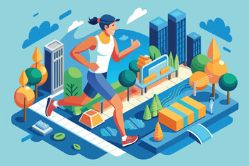 Sticker - Isometric illustration of a woman jogging through a park with tall buildings in the background, Jogging Customizable Isometric Illustration