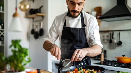 A chef in a professional kitchen prepares a colorful vegetable dish in a black pan.