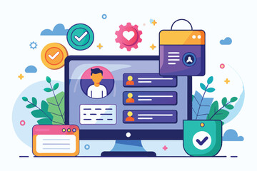 Aufkleber - An illustration depicting a computer screen with a user profile, check marks, and a heart icon, Login Customizable Disproportionate Illustration