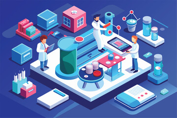 Poster - Two scientists work in a laboratory setting, examining samples, testing equipment, and conducting experiments, Medical research Customizable Isometric Illustration