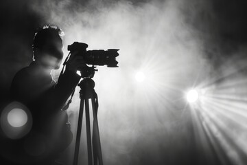 Poster - A person standing next to a camera set up on a tripod, ready to take a shot