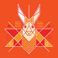 Wall Mural - Minimalist digital illustration of a rabbit with geometric shapes and lines on a vibrant orange background, Minimalist lines and shapes come together to form a rabbit in this vector illustration