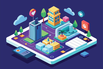 Poster - An isometric illustration of a mobile feed with customizable features represented by buildings, trees, and clouds, Mobile feed Customizable Isometric Illustration