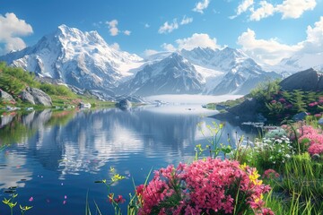 Poster - A serene lake surrounded by vibrant flowers and majestic mountains, great for use in nature and outdoor themes