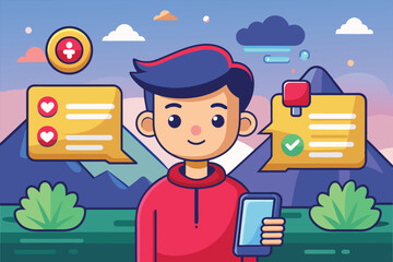 Poster - A cartoon illustration of a young man using a notification app on his smartphone while standing in a mountain landscape, Notify Customizable Cartoon Illustration