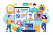 © Iftikhar alam - A colorful illustration depicts an onboarding process with diverse team members interacting online, Onboarding Customizable Disproportionate Illustration