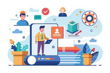 Poster - man onboarding, using laptop, standing by screen with profile icon and customizable elements, onboar