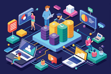 Fototapete - A colorful isometric illustration depicting people using laptops and other devices connected by a network of lines and icons, Online connection Customizable Isometric Illustration