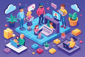 Poster - Isometric illustration: friends connect online via laptops with colorful characters on bright background, Online friends Customizable Isometric Illustration