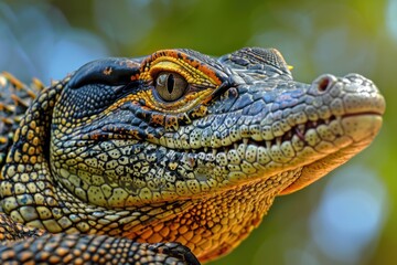 Poster - A close-up shot of an alligator's head, blurred background
