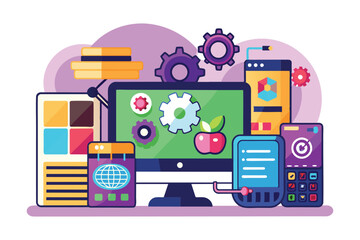 Poster - illustration with computer, tablet, two phones, colorful designs, gears symbolizing customization an