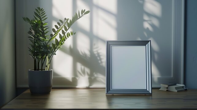 Blank silver picture frame at the desk with clipping path : Generative AI