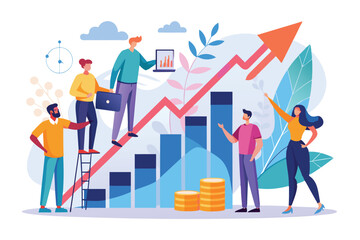 Poster - A group of people are examining a growth chart that shows upward progress, People analyzing growth chart