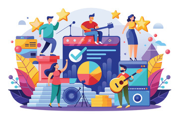 Poster - Illustration of a diverse group celebrating success with music, stars, and positive performance, Performance overview Customizable Semi Flat Illustration