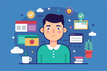 Poster - A friendly, illustrated man designs a website with a variety of tools and elements in the background, Personal site Customizable Flat Illustration