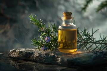 Poster - A glass bottle filled with clear liquid and a small sprig of rosemary on top
