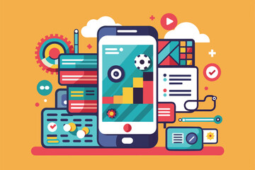 Poster - Illustration of customizable smartphone with icons & design elements, Phone customization Customizable Flat Illustration