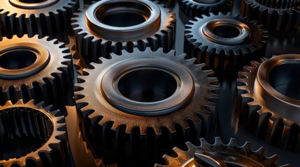 Wall Mural - A studio photograph of gears arranged in a radial pattern, with dramatic lighting enhancing their sculptural quality