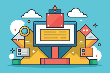 Poster - A vibrant, stylized illustration depicts a computer screen surrounded by geometric shapes and clouds against a blue backdrop, Placeholder Customizable Flat Illustration