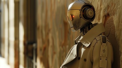 Poster - A close-up view of a robot wearing a trench coat, with details on its metallic body and accessories