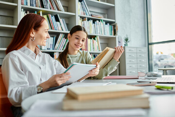 Wall Mural - a tutor with red hair, engrossed in books at a library table, embracing the joy of learning after school.