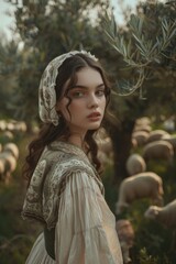 Poster - A woman in a traditional dress and bonnet standing among a group of sheep, great for rural or farm-themed images