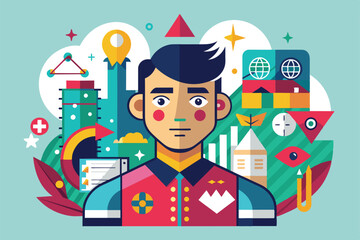 Poster - a stylized illustration of a man surrounded by colorful geometric shapes and symbols representing va