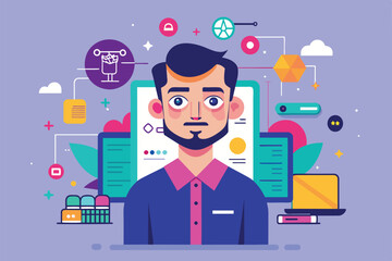 Poster - Digital illustration of bearded man surrounded by design elements, ideal for showcasing an illustrators creativity, Portfolio Customizable Disproportionate Illustration
