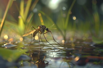 Poster - A close-up photo of a mosquito hovering above the surface of calm water, its tiny features visible