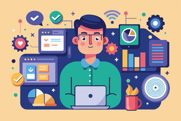 Wall Mural - Man smiles at laptop surrounded by colorful illustrations: graphs, checkmarks, and coffee, Profiling Customizable Flat Illustration