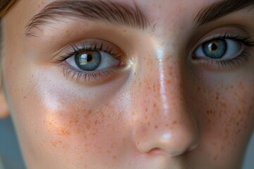 Poster - Close-up portrait of a woman with distinctive freckles, suitable for personal or editorial use