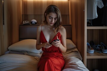 Wall Mural - A woman sits on a bed, wearing a red dress, and looks at her cell phone