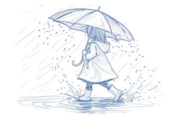 Poster - A person walks through rainy streets holding an umbrella, great for weather related images or scenes