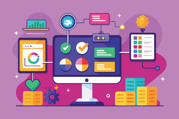Poster - illustrated computer screen with data visualizations, charts, and graphs, real-time sync customizabl