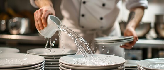 Canvas Print - Chef Pouring Water on Plates in Kitchen