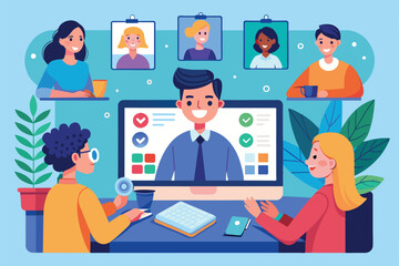 Poster - A cartoon illustration depicting a virtual meeting with five people participating, Remote meeting Customizable Cartoon Illustration