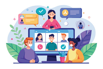 Poster - Flat illustration of a remote team meeting with four people, Remote meeting Customizable Flat Illustration
