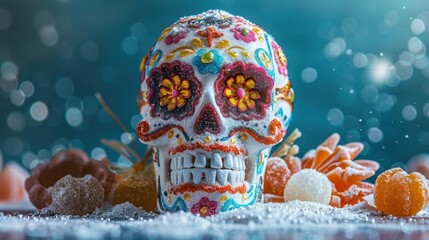 Wall Mural - Chilling sugar skull surrounded by granulated sugar