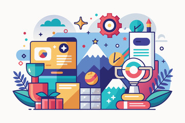 Poster - Colorful semi flat illustration of business achievement and growth, featuring a trophy, a mountain, and a smartphone, Researching Customizable Semi Flat Illustration